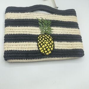 TALBOTS Hand Crocheted Paper Straw Stripes and Pineapple Clutch Handbag-NWT